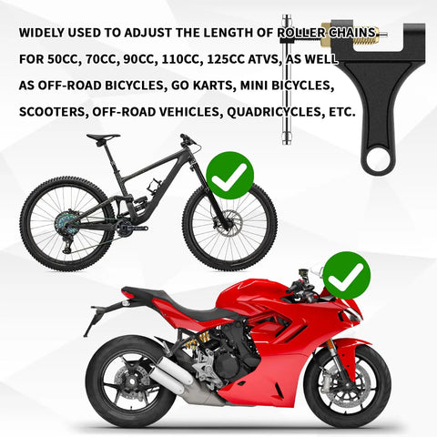 Heavy Duty Chain Breaker Tool Kit For Bikes And Motorcycles, ATVs, Dirt Bikes, Go Karts And Scooters, with bike and motorcycle images