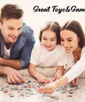 Family playing with jigsaw pieces, showcasing DIY projects with Six Pack Sublimation Blank Jigsaw Puzzles White A5 Size, 80 Pieces Each.