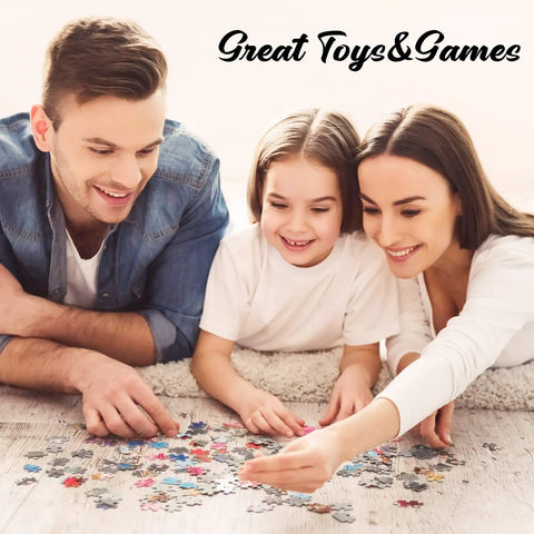 Family playing with jigsaw pieces, showcasing DIY projects with Six Pack Sublimation Blank Jigsaw Puzzles White A5 Size, 80 Pieces Each.
