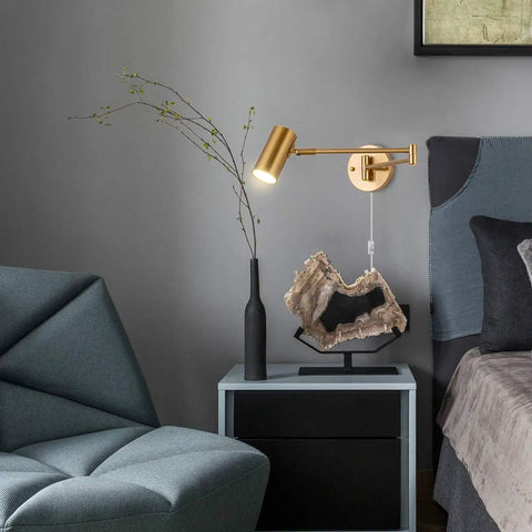 Room with Brass Swing Arm Wall Sconce Set Of Two With Plug In Design 4500K Neutral White LED Adjustable Swivel Arm Lighting
