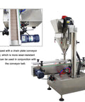 Heavy Duty Semi Automatic Powder Filling Machine Smooth Operator With Conveyor For Granular Packets Like Feed Sugar Coffee 10 To 200 Grams Running Smooth At 15 To 30 Bags Per Minute Badass Stainless Steel Build With Mixer 110V showing a close-up of the chain plate conveyor.