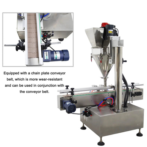 Heavy Duty Semi Automatic Powder Filling Machine Smooth Operator With Conveyor For Granular Packets Like Feed Sugar Coffee 10 To 200 Grams Running Smooth At 15 To 30 Bags Per Minute Badass Stainless Steel Build With Mixer 110V showing a close-up of the chain plate conveyor.