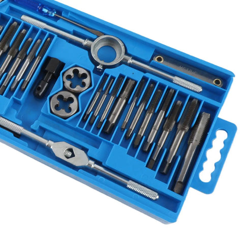 Top Grade 40 Piece Metric Tap And Die Set With Wrench Tool Kit For Hand Thread Repair Cutting Alloy Steel Screw Taps And Dies Blue Box, blue case