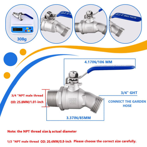 Amazon hose bibb, full-flow 304 stainless steel with blue lever; 3/4 in NPT male thread and 3/4 in GHT outlet