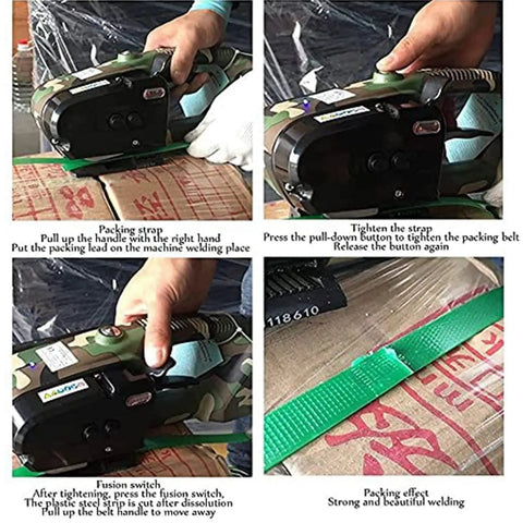 No Fuss Battery Powered Strapping Machine For Fast Cargo Securing With Hot Melt Welding And Adjustable Tension Up To 2800N in use on cardboard bundles.