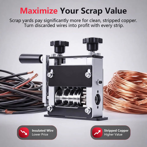 Heavy Duty Manual Wire Stripper Tool For Scrap Copper Recovery, Multi Hole Wire Peeler displayed with copper wires.