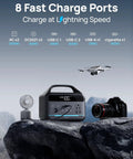 Portable Power Station 192Wh LiFePO4 Battery Solar Generator With 300W Continuous Power displayed with drone and camera.