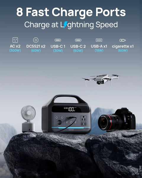Portable Power Station 192Wh LiFePO4 Battery Solar Generator With 300W Continuous Power displayed with drone and camera.