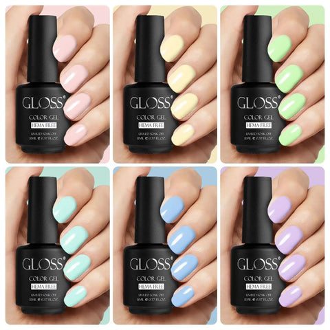 Six Pastel HEMA Free Gel Nail Polish Set With Beige, Light Purple, Cream, Light Green, Mint, And Baby Blue Soak Off UV LED Gel Polish Nail Art Gel DIY Manicure Kit For Gals