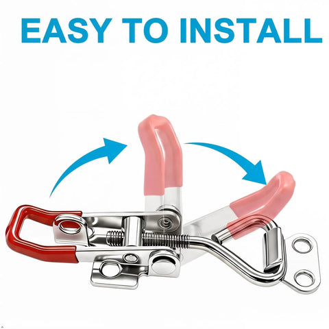 Dope YSIL Toggle Latch Clamps 4 Pack With Lockholes showing easy installation of stainless steel latch with red handle.