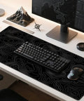 Extra Large Gaming Mouse Pad With Black Topographic Print XXL Desk Mat For Gaming And Work Non Slip Keyboard Pad For Computer Laptop PC Office Setup Pro on desk with keyboard and mouse