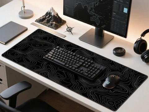 Extra Large Gaming Mouse Pad With Black Topographic Print XXL Desk Mat For Gaming And Work Non Slip Keyboard Pad For Computer Laptop PC Office Setup Pro on desk with keyboard and mouse