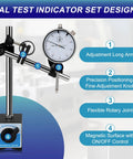 Dial Indicator With Magnetic Base 0 To 1 Inch Range And 0.001 Inch Resolution, 22 AGD Contact Points, 360 Degree Rotatable Arm displayed.