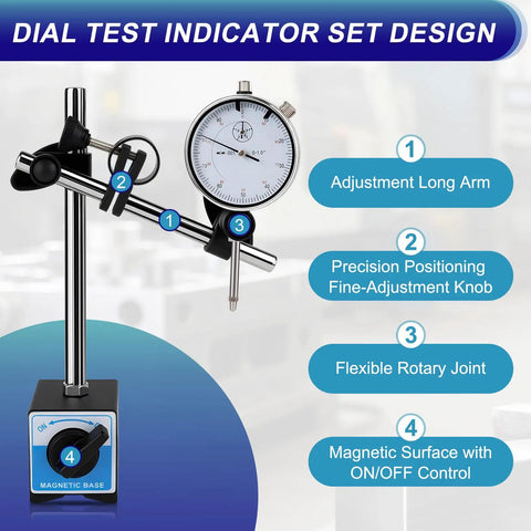 Dial Indicator With Magnetic Base 0 To 1 Inch Range And 0.001 Inch Resolution, 22 AGD Contact Points, 360 Degree Rotatable Arm displayed.