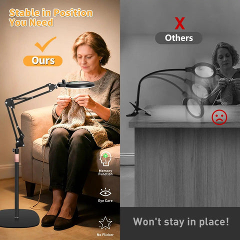 Woman knitting under Large Floor Magnifying Glass With Light And Stand, Adjustable Height Dialed Magnifier Lamp