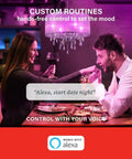 Couple under chandelier with Alexa Compatible E12 Smart Light Bulbs S1 Auto Pairing, setting mood with wine and voice control.