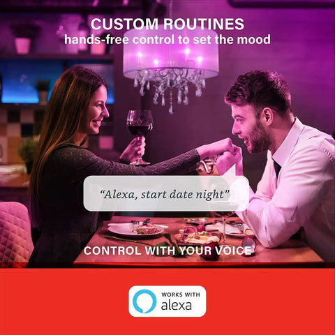 Couple under chandelier with Alexa Compatible E12 Smart Light Bulbs S1 Auto Pairing, setting mood with wine and voice control.