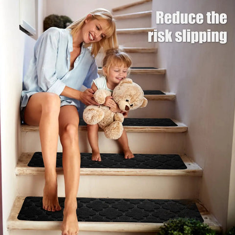 Woman and child on stairs with Non Slip Stair Treads Carpet For Wooden And Tile Steps 8x30 Inches 15 Pack Easy Install