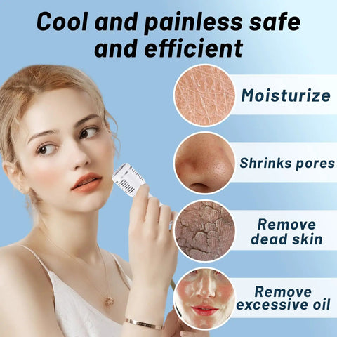 Woman using 7 In 1 Hydrogen Oxygen Facial Machine For Skin Care Go To At Home Spa Device focusing on moisturizing, pore shrinking.
