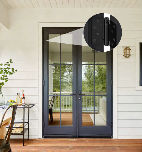 Heavy Duty 4 Inch Self Closing Door Hinges Three Pack shown on double doors in black, ideal for smooth swing and installation.