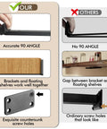 Comparison chart showing heavy duty 10 inch floating shelf brackets set of 6 with accurate 90 degree angle and countersunk screw holes.
