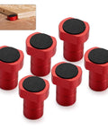 Eight red aluminum bench clamps with non-slip rubber inserts, used on a wooden surface, 8 Piece Aluminum Woodworking Bench Clamps With Non Slip Rubber Inserts Three Quarter Inch 19mm Secure Your Pieces While Milling, Cutting, And Sanding For Built Tough Workbench Stability And Easy Grip.