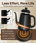 Gooseneck Electric Kettle For Epic Pour Over Coffee And Tea, 1L Stainless Steel Boiler, Sleek Black, on heating base with controls visible.