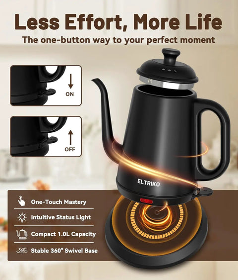 Gooseneck Electric Kettle For Epic Pour Over Coffee And Tea, 1L Stainless Steel Boiler, Sleek Black, on heating base with controls visible.