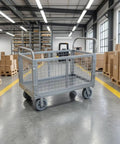 Beefed Up Heavy Duty Flatbed Wire Mesh Cart With Dual Handles And High Fence Sturdy Steel Construction Four Swivel Industrial Wheels Easy Haul For Steel Plates Up To 100 By 60 Heavy Load Trolley in warehouse
