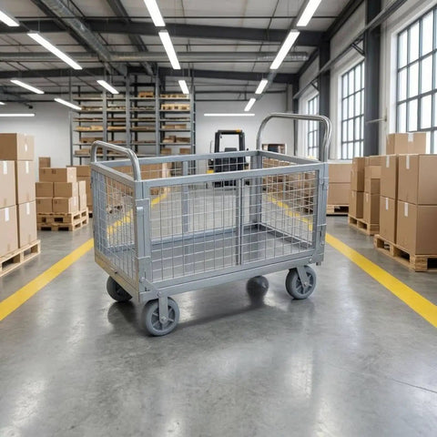 Beefed Up Heavy Duty Flatbed Wire Mesh Cart With Dual Handles And High Fence Sturdy Steel Construction Four Swivel Industrial Wheels Easy Haul For Steel Plates Up To 100 By 60 Heavy Load Trolley in warehouse