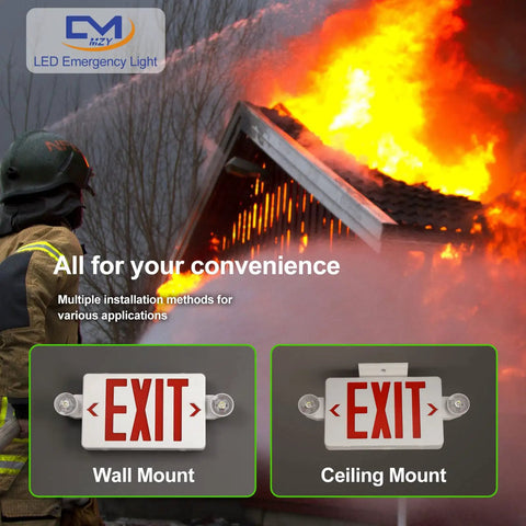 LED Exit Sign With Emergency Lights Battery Backup, Hella Bright Red Exit Letters, dual mounts before a building fire