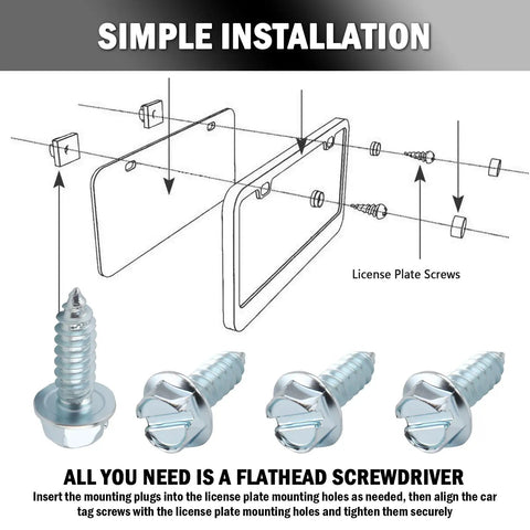Diagram showing installation of Heavy Duty License Plate Screws Set With Nylon Inserts For Front And Rear Bolts Anti Rust 4 Pack