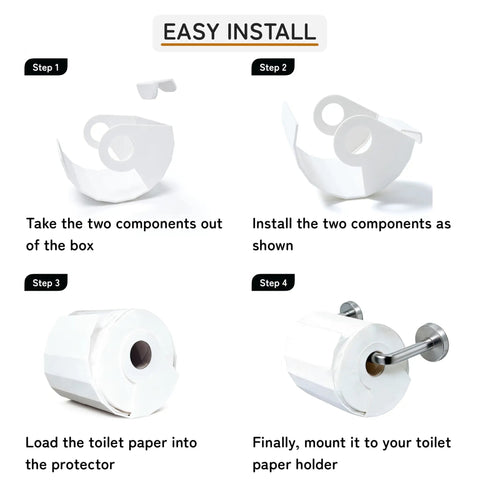 Instructions for Pet Proof Toilet Paper Holder Cover Fits Mega And Standard Rolls showing assembly steps and installation.