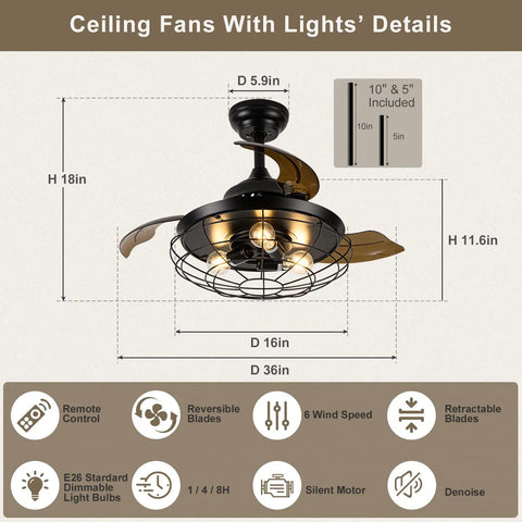 Farmhouse Rustic 36 Inch Ceiling Fan With Lights, DC Motor, Retractable Caged Blades shown with dimensions and features
