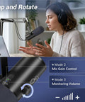Woman using Dynamic Podcast Microphone For Studio With Cardioid XLR USB Outputs AI Noise Reduction Tap To Mute Black TD510 Air H Plus