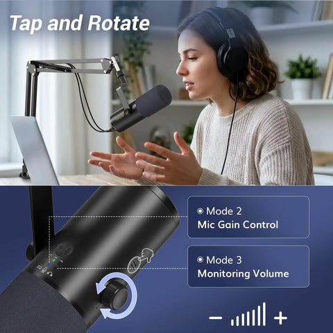Woman using Dynamic Podcast Microphone For Studio With Cardioid XLR USB Outputs AI Noise Reduction Tap To Mute Black TD510 Air H Plus