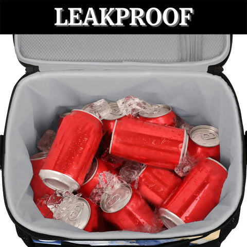 Open Insulated Picnic Backpack With Large Capacity Lunch Bag For On The Go Meals, showing ice and red soda cans inside.