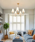 Modern Antique Brass Pendant Chandelier With Creamy White Fabric Shade Dimmable Five Light Fixture For Dining Room Living Room Kitchen Island Or Bedroom UL Listed Cool Yet Classy Lighting in elegant living room setting