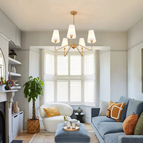 Modern Antique Brass Pendant Chandelier With Creamy White Fabric Shade Dimmable Five Light Fixture For Dining Room Living Room Kitchen Island Or Bedroom UL Listed Cool Yet Classy Lighting in elegant living room setting