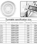 Turntable specifications chart for the Rock Solid Heavy Duty Aluminum Lazy Susan Table Bearing with load capacities and sizes.