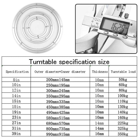 Turntable specifications chart for the Rock Solid Heavy Duty Aluminum Lazy Susan Table Bearing with load capacities and sizes.