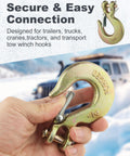 Hand holding a Heavy Duty One Quarter Inch Chain Hooks Set Four Clevis Slip Hook with Safety Latch near truck in background.