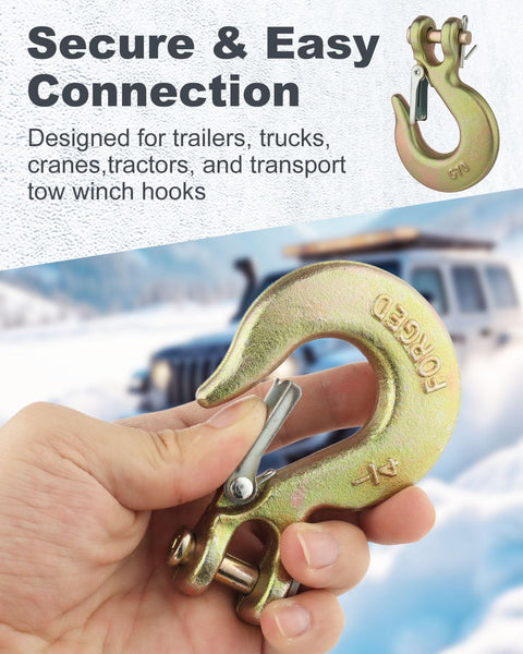 Hand holding a Heavy Duty One Quarter Inch Chain Hooks Set Four Clevis Slip Hook with Safety Latch near truck in background.