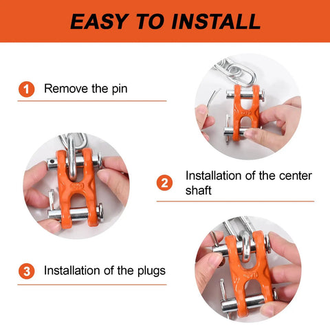 Installation steps for Heavy Duty G70 Grade 3/8 Inch Double Clevis Links showing removal of pin and adding parts.