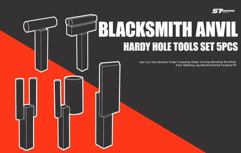 One Inch Blacksmith Anvil Hardy Hole Tools Set Five Piece Forging Kit graphic illustration on red and black background