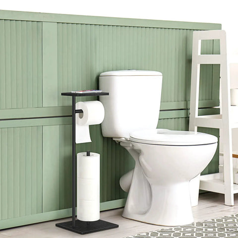 Freestanding Toilet Paper Holder With Shelf And Wood Base Black Finish Sturdy Stand For Mega Rolls Reserve Paper Storage Bathroom Organizer Easy Move No Drill Keeps Your Tissues Handy And Neat