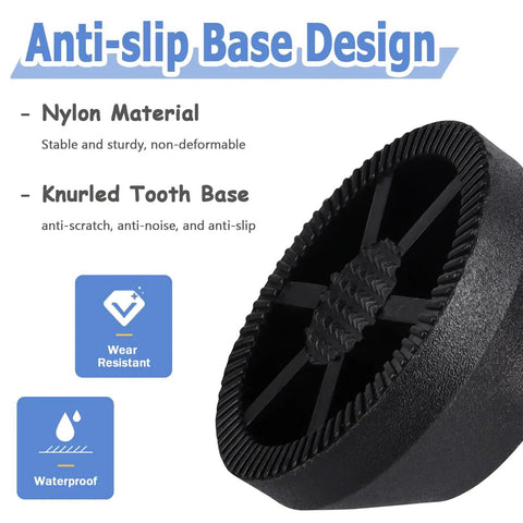 Six Pack M8 Furniture Levelers with Swivel Nylon Anti Slip Base showing knurled tooth design, wear resistant, and waterproof features