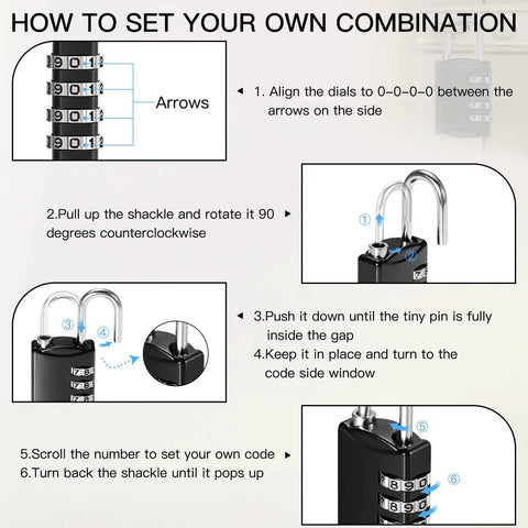 Instructions to set code for 10 Pack 4 Digit Combination Locks For Luggage Travel Gym Toolbox Locker And Suitcases Waterproof Padlocks