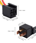 4 Pin Car And Truck Relay Socket Kit With Harness, Heavy Duty 12V DC SPST Normally Open Relay, 80A High-Current Automotive Relay Socket, 4-Wire Plug, JD2912-1H-12VDC Compatible, Pack Of 2, black socket with 4-wire harness and relay measurements