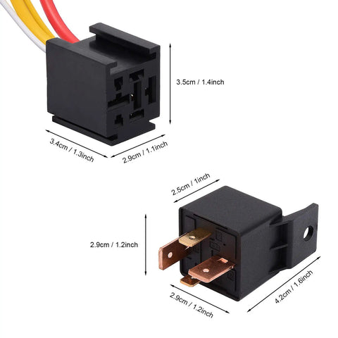 4 Pin Car And Truck Relay Socket Kit With Harness, Heavy Duty 12V DC SPST Normally Open Relay, 80A High-Current Automotive Relay Socket, 4-Wire Plug, JD2912-1H-12VDC Compatible, Pack Of 2, black socket with 4-wire harness and relay measurements